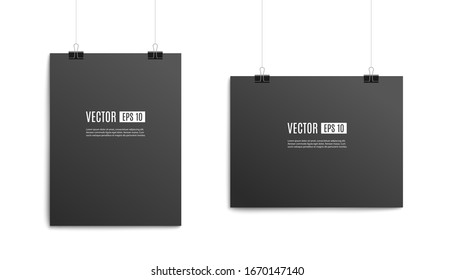 Schwarze hängende Plakatvorlage für Papier, die im Modus zur Darstellung und Ausrichtung der Landschaft eingestellt ist. Realistisches Muster aus A4-Platten, die mit Metallklammern hängen, einzelne Vektorillustration-Illustration.