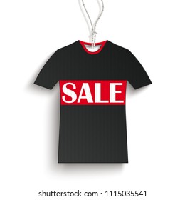 Black hanging price sticker in t-shirt shape with text Sale on the gray background.  Eps 10 vector file.