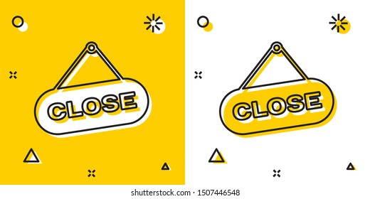 Black Hanging sign with text Close icon isolated on yellow and white background. Business theme for cafe or restaurant. Random dynamic shapes. Vector Illustration