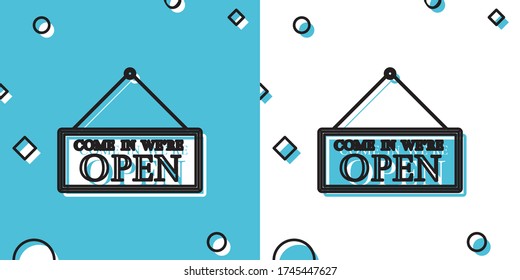 Black Hanging sign with text Come in we're open icon isolated on blue and white background. Business theme for cafe or restaurant. Random dynamic shapes. Vector Illustration