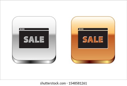 Black Hanging sign with text Online Sale icon isolated on white background. Signboard with text Sale. Silver-gold square button. Vector Illustration