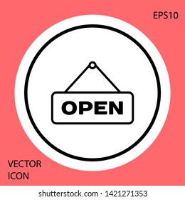 Black Hanging sign with text Open door icon isolated on red background. White circle button. Vector Illustration