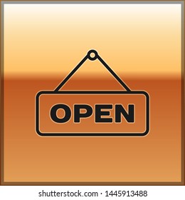 Black Hanging sign with text Open door icon isolated on gold background. Vector Illustration