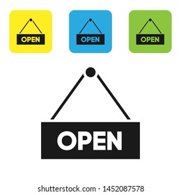 Black Hanging sign with text Open door icon isolated on white background. Set icons colorful square buttons. Vector Illustration