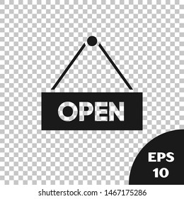 Black Hanging sign with text Open door icon isolated on transparent background.  Vector Illustration