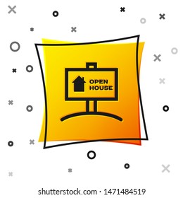 Black Hanging sign with text Open house icon isolated on white background. Signboard with text Open house. Yellow square button. Vector Illustration