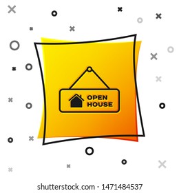 Black Hanging sign with text Open house icon isolated on white background. Signboard with text Open house. Yellow square button. Vector Illustration