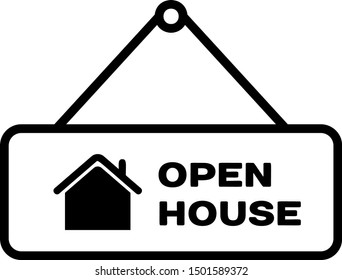 Black Hanging sign with text Open house icon isolated on white background. Signboard with text Open house.  Vector Illustration