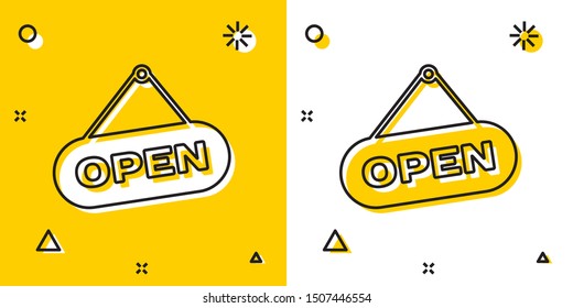 Black Hanging Sign With Text Open Door Icon Isolated On Yellow And White Background. Random Dynamic Shapes. Vector Illustration