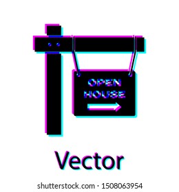 Black Hanging sign with text Open house icon isolated on white background. Signboard with text Open house.  Vector Illustration