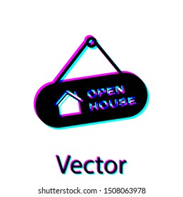 Black Hanging sign with text Open house icon isolated on white background. Signboard with text Open house.  Vector Illustration