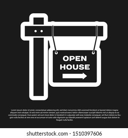 Black Hanging sign with text Open house icon isolated on black background. Signboard with text Open house.  Vector Illustration