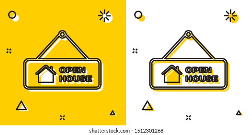 Black Hanging sign with text Open house icon isolated on yellow and white background. Signboard with text Open house. Random dynamic shapes. Vector Illustration