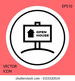 Black Hanging sign with text Open house icon isolated on red background. Signboard with text Open house. White circle button. Vector Illustration