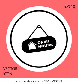 Black Hanging sign with text Open house icon isolated on red background. Signboard with text Open house. White circle button. Vector Illustration