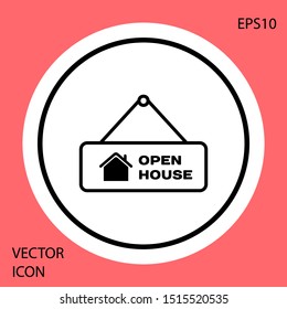 Black Hanging sign with text Open house icon isolated on red background. Signboard with text Open house. White circle button. Vector Illustration