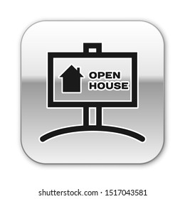Black Hanging sign with text Open house icon isolated on white background. Signboard with text Open house. Silver square button. Vector Illustration