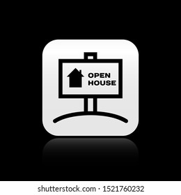 Black Hanging sign with text Open house icon isolated on black background. Signboard with text Open house. Silver square button. Vector Illustration