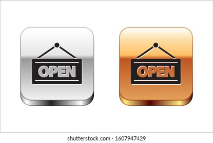 Black Hanging sign with text Open door icon isolated on white background. Silver-gold square button. Vector Illustration