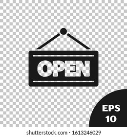 Black Hanging sign with text Open door icon isolated on transparent background.  Vector Illustration