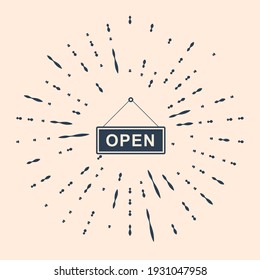 Black Hanging sign with text Open door icon isolated on beige background. Abstract circle random dots. Vector Illustration