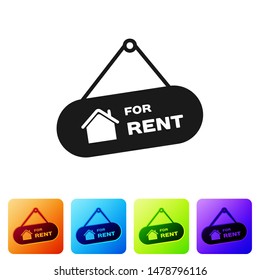 Black Hanging sign with text For Rent icon isolated on white background. Signboard with text For Rent. Set icons in color square buttons. Vector Illustration