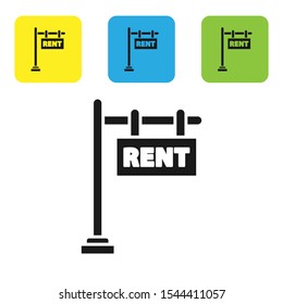 Black Hanging sign with text Rent icon isolated on white background. Signboard with text Rent. Set of colorful square icon buttons. Vector Illustration
