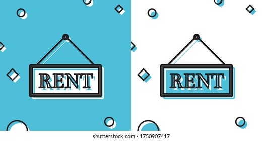 Black Hanging sign with text Rent icon isolated on blue and white background. Random dynamic shapes. Vector Illustration