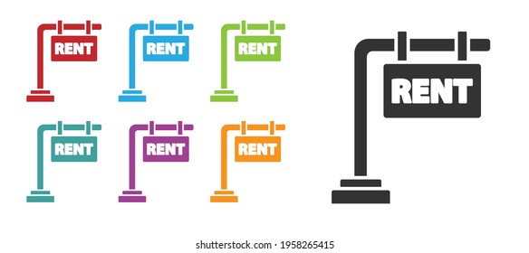 Black Hanging sign with text Rent icon isolated on white background. Signboard with text For Rent. Set icons colorful. Vector Illustration