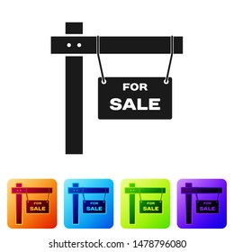 Black Hanging sign with text For Sale icon isolated on white background. Signboard with text For Sale. Set icons in color square buttons. Vector Illustration