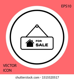 Black Hanging sign with text For Sale icon isolated on red background. Signboard with text For Sale. White circle button. Vector Illustration