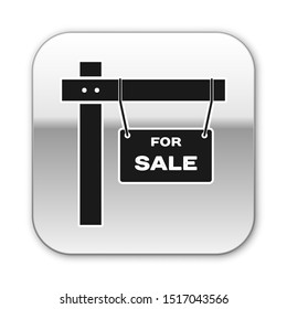 Black Hanging sign with text For Sale icon isolated on white background. Signboard with text For Sale. Silver square button. Vector Illustration