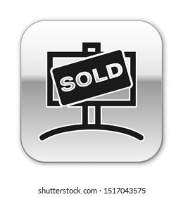 Black Hanging sign with text Sold icon isolated on white background. Sold sticker. Sold signboard. Silver square button. Vector Illustration