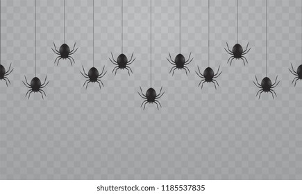 Black hanging spiders on a transparent background. Scary spiders on cobwebs for Halloween.