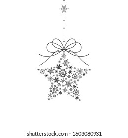 Black hanging star made from snowflakes with bow on white background. New year them. Vector illustration