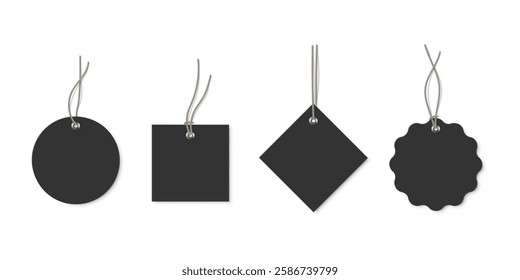 Black hanging tags set. Blank labels mockups. Paper empty stickers of different shapes for price, sales, gifts, presents. Realistic vector illustrations collection isolated on white background.