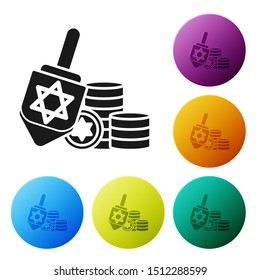 Black Hanukkah dreidel and coin icon isolated on white background. Set icons colorful circle buttons. Vector Illustration