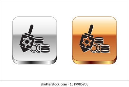 Black Hanukkah dreidel and coin icon isolated on white background. Silver-gold square button. Vector Illustration