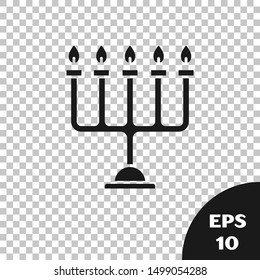 Black Hanukkah menorah icon isolated on transparent background. Hanukkah traditional symbol. Holiday religion, jewish festival of Lights.  Vector Illustration