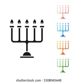 Black Hanukkah menorah icon isolated on white background. Hanukkah traditional symbol. Holiday religion, jewish festival of Lights. Set icons colorful. Vector Illustration