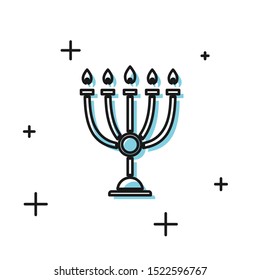 Black Hanukkah menorah icon isolated on white background. Hanukkah traditional symbol. Holiday religion, jewish festival of Lights.  Vector Illustration