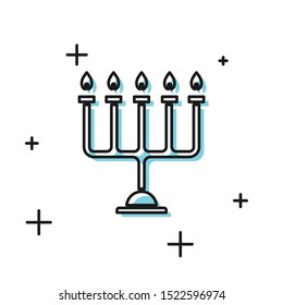 Black Hanukkah menorah icon isolated on white background. Hanukkah traditional symbol. Holiday religion, jewish festival of Lights.  Vector Illustration