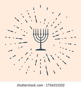 Black Hanukkah menorah icon isolated on beige background. Religion icon. Hanukkah traditional symbol. Holiday religion, jewish festival of Lights. Abstract circle random dots. Vector Illustration