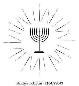 Black Hanukkah menorah icon isolated on white background. Religion icon. Hanukkah traditional symbol. Holiday religion, jewish festival of Lights. Menorah on Abstract line circle