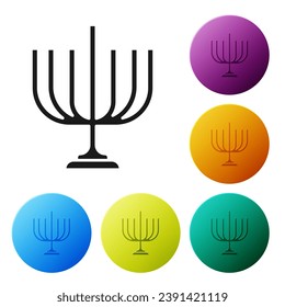 Black Hanukkah menorah icon isolated on white background. Hanukkah traditional symbol. Holiday religion, jewish festival of Lights. Set icons in color circle buttons. Vector