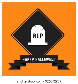 Black Happy Halloween Ribbon Banner on Orange background. Vector illustration