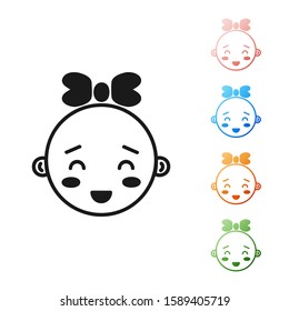 Black Happy little girl head icon isolated on white background. Face of baby girl. Set icons colorful. Vector Illustration
