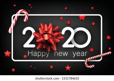 Black happy New Year background with white paper 2020 nubmers and frame. Red bow with candies and stars. Winter decoration - Vector