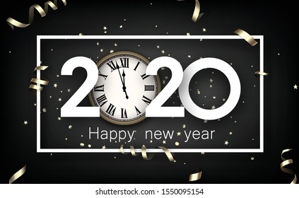 Black happy New Year background with white paper 2020 nubmers and frame. Winter decoration - Vector