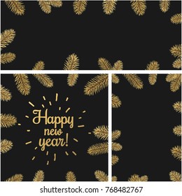 Black happy new year backgrounds set with fir branches. Vector Christmas illustration.